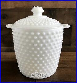 Vintage Hobnail White Milk Glass Canister Lid Cookie Jar Urn Handle Mid Century