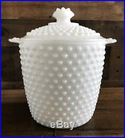 Vintage Hobnail White Milk Glass Canister Lid Cookie Jar Urn Handle Mid Century