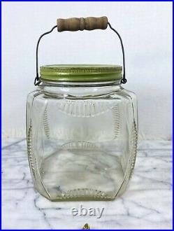 Vintage Hoosier Depression Glass Jar With Green Lid Metal Wood Handle Antique