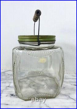 Vintage Hoosier Depression Glass Jar With Green Lid Metal Wood Handle Antique