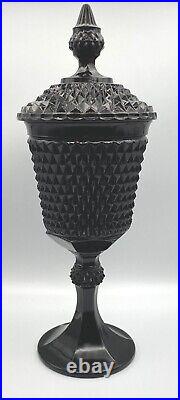 Vintage Indiana Glass Diamond Point Pressed Black Pedestal Apothecary Candy Jar
