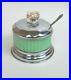 Vintage JADEITE Green Milk Glass Ribbed Sugar Jar Pot metal lid flower handle
