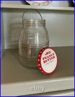 Vintage JFG Large Peanut Butter Glass Barrel-design Jar with bale handle metal lid