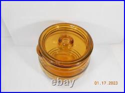 Vintage LE Smith Amber Gold Glass Barrel Shape Cookie Jar with Lid & Tab Handles