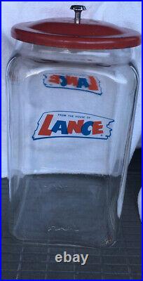 Vintage Lance Glass Display Cookie, Cracker Jar with Original Red Lid & Handle