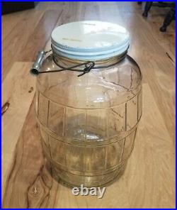 Vintage Large Barrel Jar Glass Screw Top Pickle Jar Wire Handle