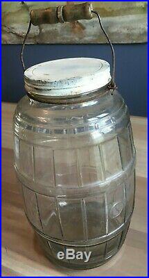 Vintage Large Country Store Glass Pickle Jar with lid and wood Handle
