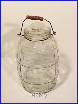 Vintage Large Glass Barrel Pickle Jar With Wood & Wire Bail Handle And Glass Lid