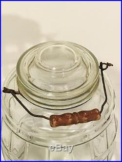 Vintage Large Glass Barrel Pickle Jar With Wood & Wire Bail Handle And Glass Lid