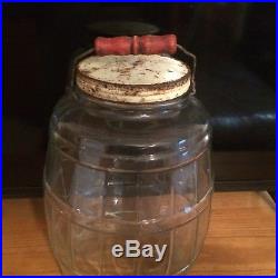 Vintage Large Glass Barrel Shaped Pickle Jar With Lid & Red Wood Handle Grip