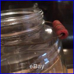 Vintage Large Glass Barrel Shaped Pickle Jar With Lid & Red Wood Handle Grip