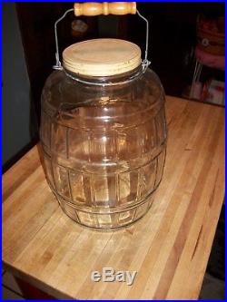 Vintage Large Glass Pickle Jar 14 Tall with Original Lid, Bail Wire, Wood Handle