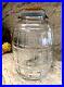 Vintage Large Glass Pickle Jar Keg Barrel Stlye Blue LID 13.5 Tall Wood Handle