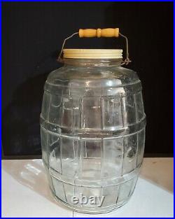 Vintage Large Glass Pickle Jar Keg Barrel style with Lid 13.5 tall Swing Handle