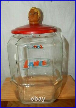 Vintage Large LANCE 12 Glass ADVERTISING Countertop Jar withLid and Head Handle