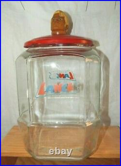 Vintage Large LANCE 12 Glass ADVERTISING Countertop Jar withLid and Head Handle