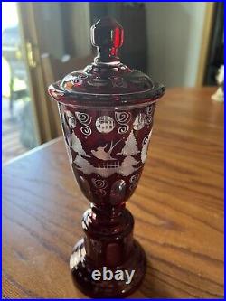 Vintage Lidded Foil CZECH EGERMANN RUBY CUT TO CLEAR BLACK FOREST CANDY JAR