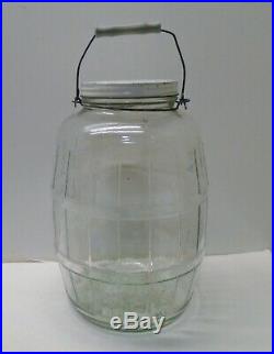 Vintage MCM General Store Glass Barrel Pickle Storage Jar w Lid Bale Wood Handle