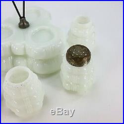 Vintage Milk Glass Jar Holder Caddy Base Metal Handle 4 Jars Shaker Salt Pepper