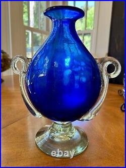 Vintage Murano Veronese Cobalt Blue Art Glass Vase With Handles