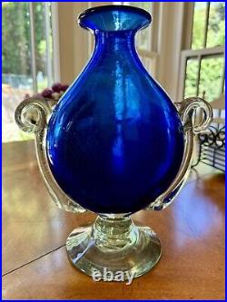 Vintage Murano Veronese Cobalt Blue Art Glass Vase With Handles