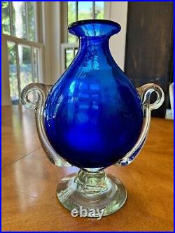 Vintage Murano Veronese Cobalt Blue Art Glass Vase With Handles