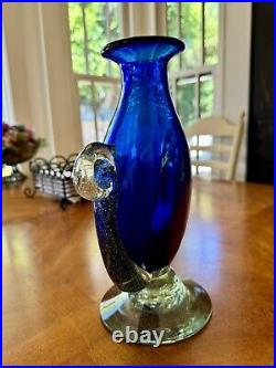 Vintage Murano Veronese Cobalt Blue Art Glass Vase With Handles