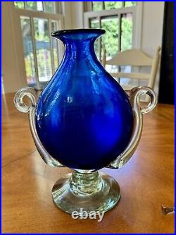 Vintage Murano Veronese Cobalt Blue Art Glass Vase With Handles