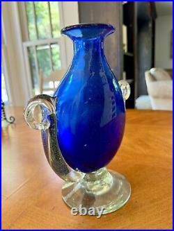 Vintage Murano Veronese Cobalt Blue Art Glass Vase With Handles