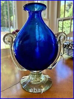 Vintage Murano Veronese Cobalt Blue Art Glass Vase With Handles