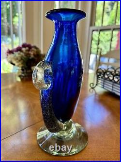 Vintage Murano Veronese Cobalt Blue Art Glass Vase With Handles