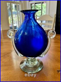 Vintage Murano Veronese Cobalt Blue Art Glass Vase With Handles