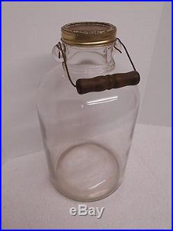 Vintage One GALLON Glass BOTTLE Storage CANNING JAR Jug WOOD HANDLE 11 1/4 tall