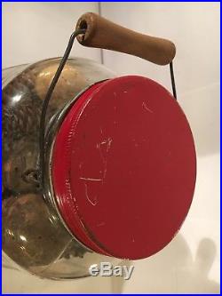 Vintage Owens Illinois Glass Co. 1955 Barrel Pickle Jar Red Lid Wood Handle 13