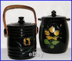 Vintage Pair Hand Painted BLACK AMETHYST GLASS COOKIE JAR & ICE BUCKET With Handle