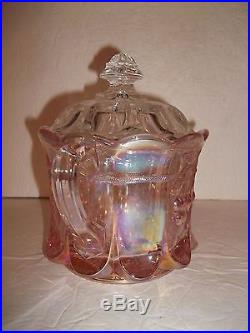 Vintage Pink Iridescent Glass Cherry Thumbprint Cookie Biscuit Jar Double Handle