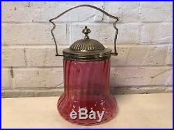 Vintage Possibly Antique Cranberry Glass Jar with Silver plated Handle with Lid