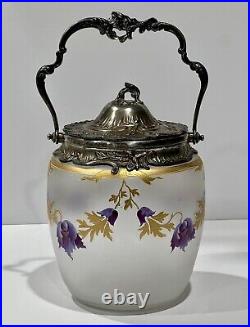 Vintage Rare Art Nouveau Frosted Glass Biscuit Jar Metal Lid French Legras Style