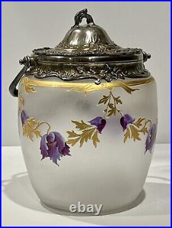 Vintage Rare Art Nouveau Frosted Glass Biscuit Jar Metal Lid French Legras Style