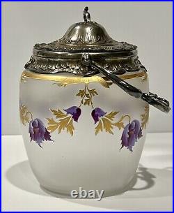 Vintage Rare Art Nouveau Frosted Glass Biscuit Jar Metal Lid French Legras Style