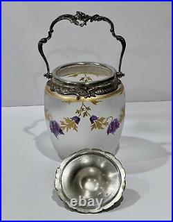 Vintage Rare Art Nouveau Frosted Glass Biscuit Jar Metal Lid French Legras Style