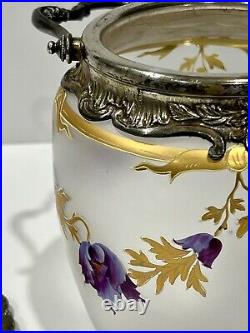 Vintage Rare Art Nouveau Frosted Glass Biscuit Jar Metal Lid French Legras Style