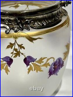 Vintage Rare Art Nouveau Frosted Glass Biscuit Jar Metal Lid French Legras Style