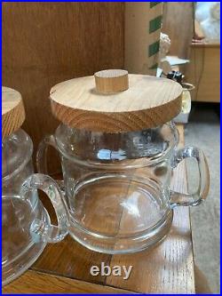 Vintage Retro Clear Glass Storage Jars with Handles x 2 Wooden Lids
