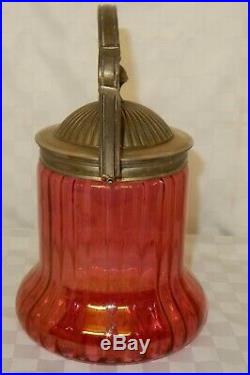 Vintage Ribbed Cranberry Glass Biscuit Jar Silver Plated Handle and Lid