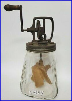 Vintage Scc Glass Butter Churn Jar 4 Qt Wooden Paddles Handle & Metal Churn