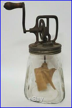 Vintage Scc Glass Butter Churn Jar 4 Qt Wooden Paddles Handle & Metal Churn