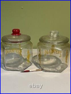 Vintage Set 2 Mr. Peanut Hexagon Glass Counter Jars, Lids & Mr. Peanut Pen