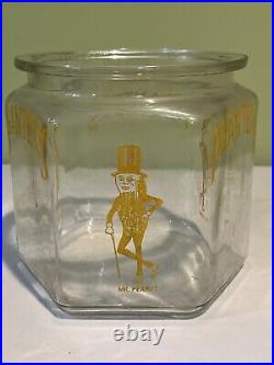 Vintage Set 2 Mr. Peanut Hexagon Glass Counter Jars, Lids & Mr. Peanut Pen