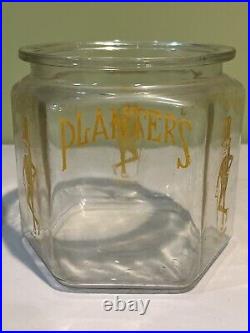 Vintage Set 2 Mr. Peanut Hexagon Glass Counter Jars, Lids & Mr. Peanut Pen